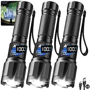 3 Pack Rechargeable Flashlight Deal on Amazon Three rechargeable high lumen flashlights with adjustable focus and waterproof features