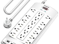 $14.99 – 10-ft POWSAV Surge Protector Heavy Duty Power Strip w/ 18-Outlets & 4 USB Ports (White) POWSAV Surge Protector Power Strip with multiple outlets and USB ports