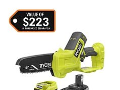 $89.00 – $89*:RYOBI ONE+ 18V 6 in. Cordless Battery Compact Pruning Mini Chainsaw with 2.0 Ah Battery and Charger at Home Depot RYOBI ONE+ 18V 6 in. Cordless Battery Compact Pruning Mini Chainsaw