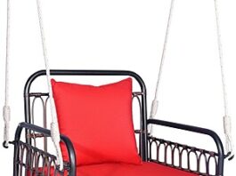 Tangkula Patio Wicker Porch Swing with red cushions and hanging ropes