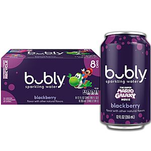 bubly Sparkling Water deal — Amazon A pack of 8 bubly Sparkling Water cans featuring The Super Mario Galaxy Movie Blackberry flavor