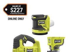 $129.00 – Power Up Your DIY Projects with Ryobi’s 18V Cordless 3-Tool Combo Kit Ryobi ONE+ 18V Cordless 3-Tool Combo Kit with Jig Saw, Router and Random Orbit Sander for home improvement projects