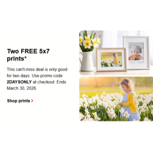 CVS Photo Deal - 2 Free 5x7 Prints with code 2DAYSONLY CVS Photo 2 Free 5x7 Prints Offer