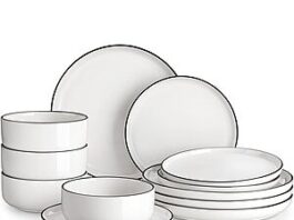 12-Piece Malacasa Porcelain Dinnerware Set in Ivory White-Black Rim