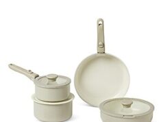 $38.64 – 11-Piece Amazon Basics Ceramic Nonstick Pots & Pans Set w/ Detachable Handle (Linen Gray) + Free Shipping 11-piece Amazon Basics Ceramic Nonstick Pots & Pans Set with Detachable Handle in Linen Gray