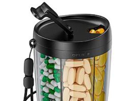 PULIV Large Pill Bottle Organizer in black with anti-mixing and wide-opening features