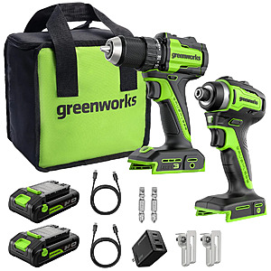 Greenworks cordless drill and impact driver deal Greenworks Cordless Drill/Driver and Impact Driver kit with USB-C batteries and fast charger