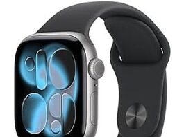 Apple Watch Series 11 GPS 42mm smartwatch in Space Gray Aluminum Case with Black Sport Band