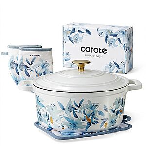 CaroteDirect Lightning Deal Dutch Oven Pot 5-Quart CAROTE Cast Iron Dutch Oven Pot with Lid in White/Blue