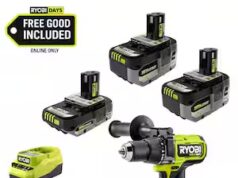 $179.00 – RYOBI ONE+ HP 18V Brushless Cordless 1/2 in. Hammer Drill Kit with (2) 4Ah and (1) 2Ah HIGH PERFORMANCE Batteries, and Charger RYOBI ONE+ HP 18V Brushless Cordless 1/2 in. Hammer Drill Kit with two high-capacity batteries and a charger