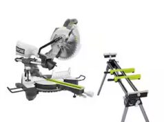 $249.00 – RYOBI 15 Amp 10 in. Corded Sliding Compound Miter Saw and Universal Miter Saw QUICKSTAND $249 RYOBI 15 Amp 10 in. Corded Sliding Compound Miter Saw with Universal Miter Saw QUICKSTAND