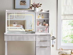 $144.81 – Better Homes & Gardens Lillian Vanity Desk w/ LED Lighted Mirror (White) – + Free Shipping better homes gardens lillian product image