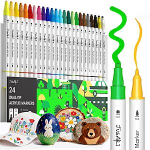 Discounted JusArt Dual-Tip Acrylic Paint Markers on Amazon JusArt Dual-Tip Acrylic Paint Markers Set in white barrel
