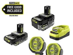 $99.00 – $99: Ryobi ONE+ 18V 4.0 Ah + 2.0 Ah Batteries + Charger + 2-Pk 4″ Cordless Clamp Fans at HomeDepot Ryobi ONE+ 18V HIGH PERFORMANCE Kit with batteries, charger and cordless clamp fans