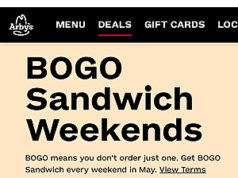 BOGO Sandwich at Arbys every weekend in May Arby's BOGO sandwich offer