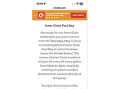 CircleK – May 7th – Save up to 40 cents off per gallon! Circle K gas pump with discount sign
