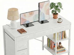 $31.96 – CONCETTA 55 inch Computer Desk with 6 Drawers & 2 Open Shelves, White White Concetta 55-inch desk with six drawers and two open shelves