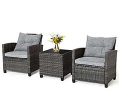 $174.99 – Gymax 3-Piece Patio Rattan Sofa Set w/ Glass Tabletop (Grey Cushion) + Free Shipping Gymax 3-Piece Patio Rattan Sofa Set w/ Glass Tabletop (Grey Cushion) + Free Shipping