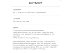 $20.00 – UberEats: $20 off $25 pickup or delivery (SF Bay Area Only) – $5 UberEats logo with a $20 bill and a food icon