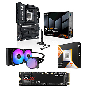 ASUS TUF Gaming X870E-Plus Motherboard + AMD Ryzen 7 9800X3D + Samsung 990 PRO SSD + Cooler Master Elite Liquid 240 CPU AIO C ASUS TUF Gaming X870E-Plus WiFi 7 ATX Motherboard, AMD Ryzen 7 9800X3D CPU, Samsung 990 PRO 2TB PCIe Gen4 SSD, and Cooler Mas