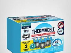 $39.64 – 120-Hr Refill Thermacell E-ZoneGuard Mosquito Repellent Refill with 20-Foot Zone of Scientifically Proven Outdoor Protection; Rechargeable; Bug Spray Alternative; @Amazon Thermacell E-ZoneGuard mosquito repellent refill in a green container
