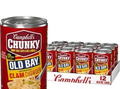 $12.35 – Amazon Campbell’s Chunky Soup OLD BAY Seasoned Clam Chowder, 18.8 oz Can (Case of 12) — Lowest Price with Coupon Case of 12 Campbell's Chunky Soup OLD BAY Seasoned Clam Chowder cans at Amazon