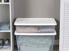 $10.98 – FS Walmart+ Sterilite Set of (2) 28 Quart Storage Bins, Clear Plastic Storage Bin with Snap-on Lid, White (Under bed/closet) Sterilite set of two 28 Quart Storage Bins