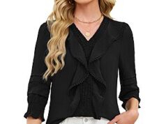 $8.99 – Funlingo Women’s 3/4 Length Sleeve Ruffle V Neck Lace Top w/ Smocked Cuffs — 50% off with Coupon Code GQU8THVZ Funlingo Women's 3/4 Length Sleeve Ruffle V Neck Lace Top in black