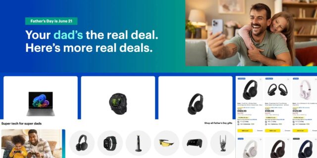 Best Buy Father's Day Sale advertisement featuring discounted laptops, smartwatches, and Beats headphones