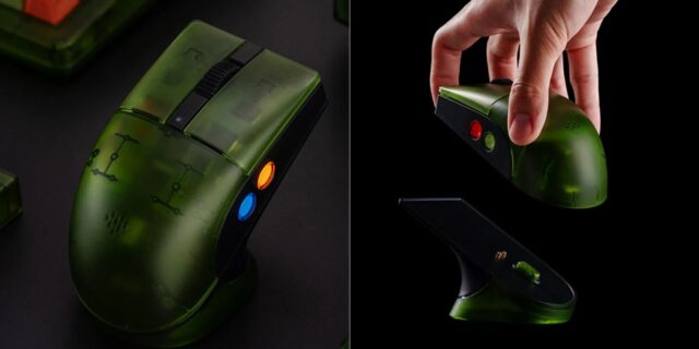 8BitDo’s Xbox Edition Retro R8 wireless mouse with charging dock