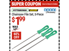$1.99 – Harbor Freight Coupon – PITTSBURGH Chainsaw File Set, 3-Piece for , 60% off PITTSBURGH Chainsaw File Set on sale at Harbor Freight