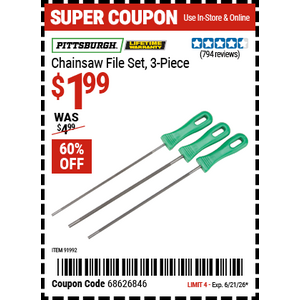 PITTSBURGH Chainsaw File Set coupon code PITTSBURGH Chainsaw File Set on sale at Harbor Freight