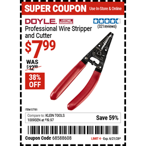 Coupon offer for DOYLE Professional Wire Stripper and Cutter at Harbor Freight DOYLE Professional Wire Stripper and Cutter at Harbor Freight with coupon