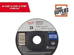 $2.40 – Milwaukee 4-1/2″ x 1/4″ x 7/8″ Type 27 Grinding Wheel + Free Shipping Milwaukee 4-1/2 x 1/4 x 7/8 Type 27 Grinding Wheel