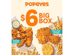 $6.00 – Popeyes $6 Big Box (Choose 2Pc Signature Chicken OR 3Pc Tenders, plus 2 sides & a biscuit) popeyes big box choose product image