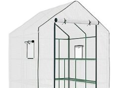 $73.00 – 4.6′ x 4.7′ Roll-Up Door & Windows Portable Greenhouse w/ 2-Tier U-Shaped Flower Rack (White) on Sale for $73 at Home Depot Portable Greenhouse with Roll-Up Door and Windows