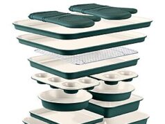 $60.00 – 13-Piece Country Kitchen Nonstick Stackable Bakeware Set (Sage) $60 + Free Shipping 13-Piece Country Kitchen Nonstick Stackable Bakeware Set in Sage on sale at Amazon