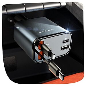 deal-1062 LISEN 84W 4-Port Retractable Car Charger w/ Built-In USB-C & Lightning Cables (31.5", Grey) + Free