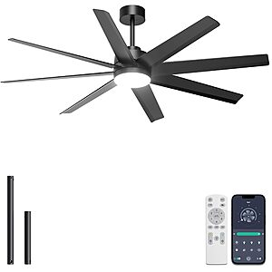 deal-1433 Ohniyou 60'' Ceiling Fan with Light - Modern Black 8 Blades Ceiling Fan Remote/APP Control, Dimmable