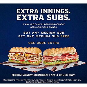 deal-1457 Firehouse Subs: BOGO Free Medium Sub Mon. - Wed., 7/20 - 7/22, & in Future based on MLB Games Extra