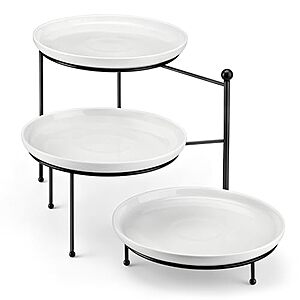 deal-810 3-Tier 10" MALACASA Porcelain Serving Tray Stand w/ Black Metal Rack (White or Black) w/ S&S + Free