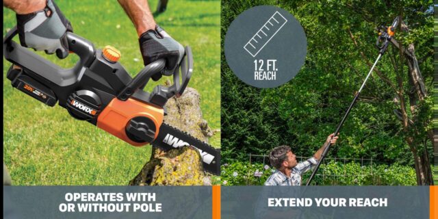 Worx 20V 10-inch Cordless Chainsaw converts to a 12-foot Pole Saw