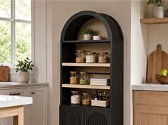 $196.31 – 31″ x 71″.Bestier Open Storage Arched Pantry Cabinet with Door Storage Base and Adjustable Shelves at a Record Low Price on HomeDepot Bestier Open Storage Arched Pantry Cabinet in a kitchen setting