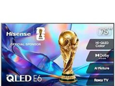 $579.99 – | Hisense 75″ Class E6SR Series Hi-QLED 4K UHD Smart Roku TV (75E6SR, 2026 Model) at Amazon 57999 hisense class e6sr product image