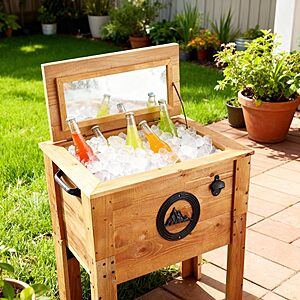 Backyard Expressions Wooden Patio Cooler with insulated liner and bottle opener