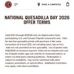 $20.00 – Chipotle National Quesadilla Day 2026: Free quesadilla with $20 purchase