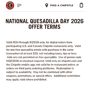 $20.00 – Chipotle National Quesadilla Day 2026: Free quesadilla with $20 purchase