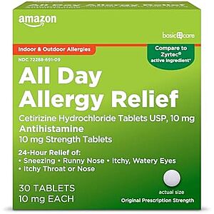 $2.16 – Save on Allergy Relief: Amazon Basic Care All Day Allergy Cetirizine Hydrochloride Tablets (10 mg) for  with Subscribe & Save