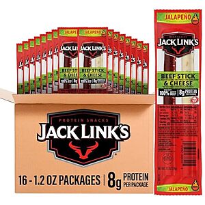 $14.02 – SnS, AC  | 16-Pack 1.2-Oz Jack Link’s Beef Stick & Cheese (Jalapeno) at Amazon (87.6¢ each)