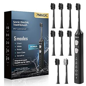 $10.49 – 7MAGIC Sonic Electric Toothbrush w/ 8 Brush Heads & 180-Day Runtime (Black)  + Free Shipping w/ Prime or on $35+